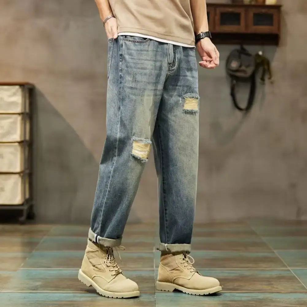 

Men Denim Trousers Trendy Men's Gradient Color Denim Jeans with Multiple Pockets Comfortable Waist Straps for Streetwear Style