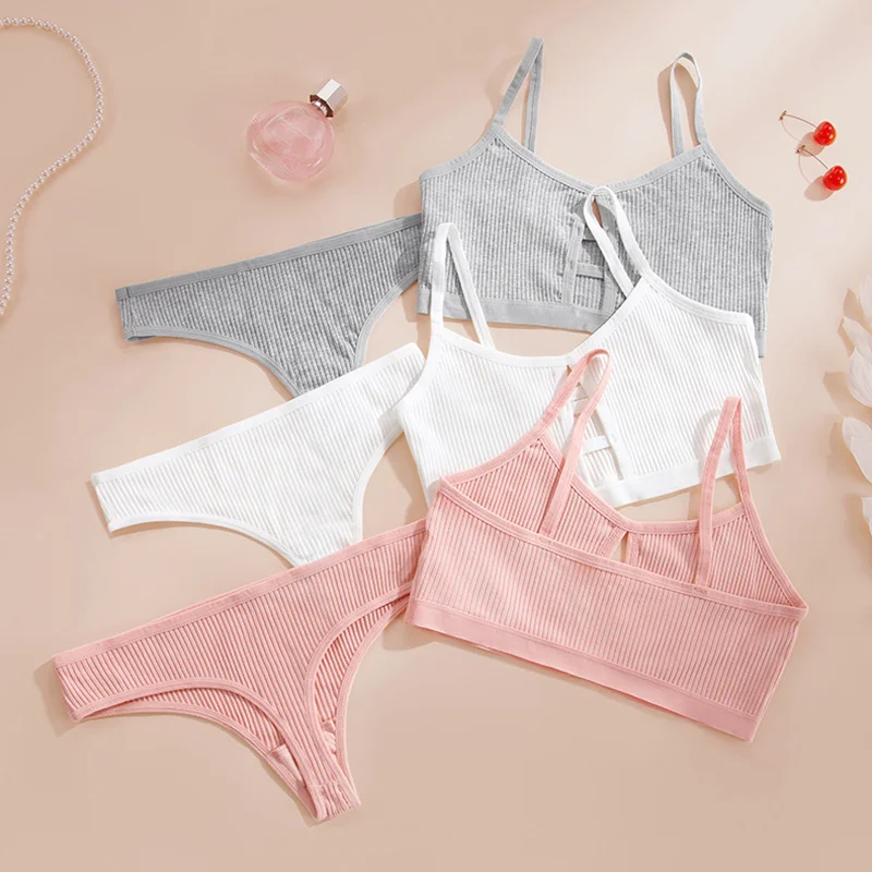 Wireless Cotton Bras for Women Threaded Cotton Wrap Underwear Triangle Cotton Bra Stretch Thin Unpadded Bra and Panties Set