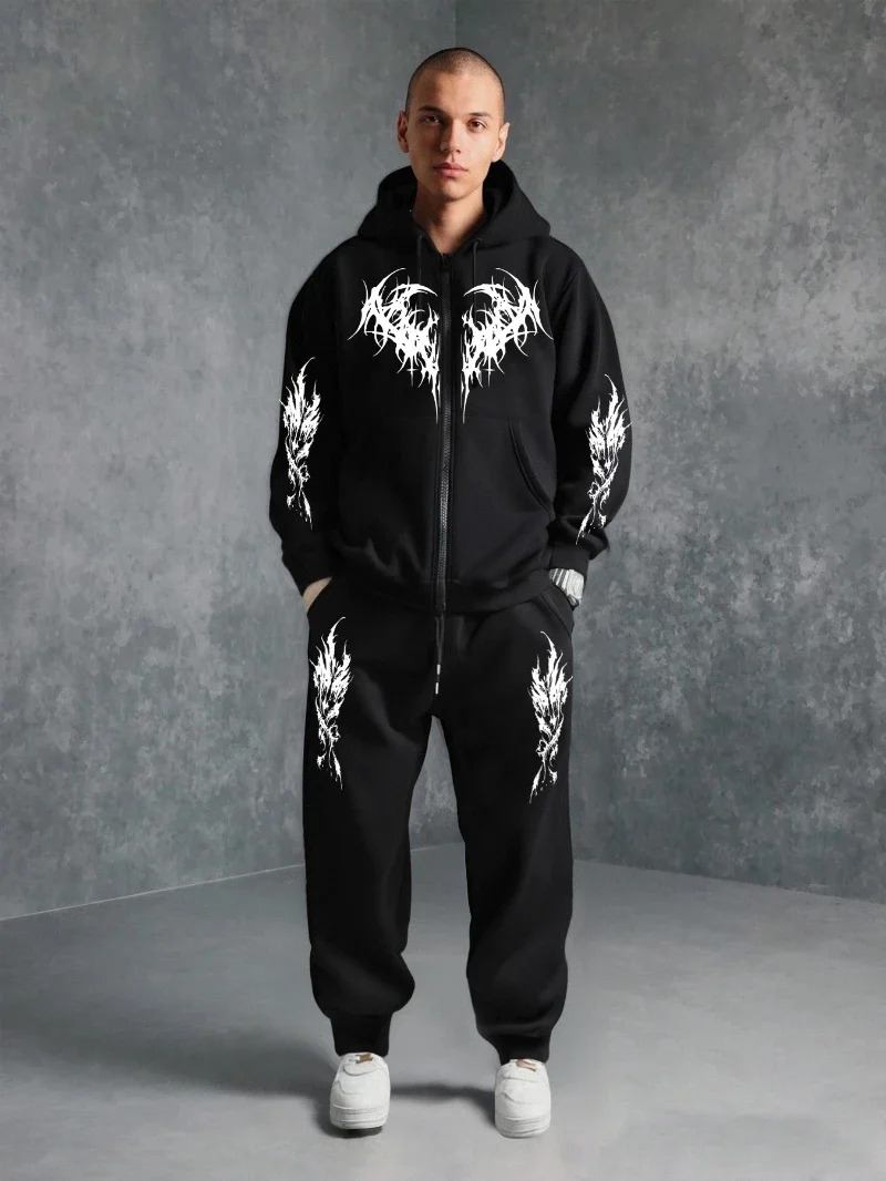 

Dark Style Printed Zip-Up Hoodie and Casual Joggers Set, Fashion Streetwear for Trendsetters Versatile for Halloween Parties
