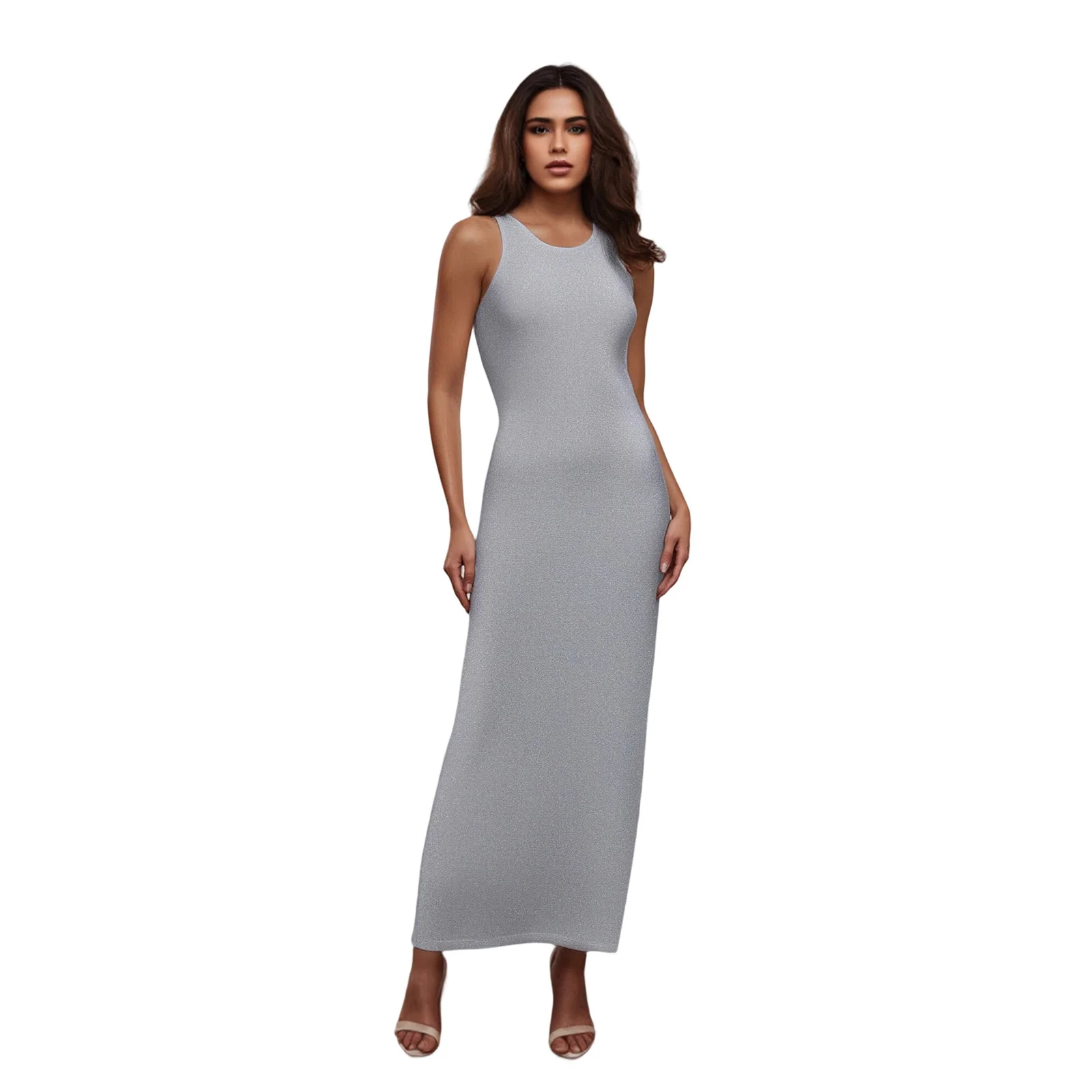 

Women s Long Cocktail Dress Solid Color Sleeveless Round Neck Sheer Bodycon Dress