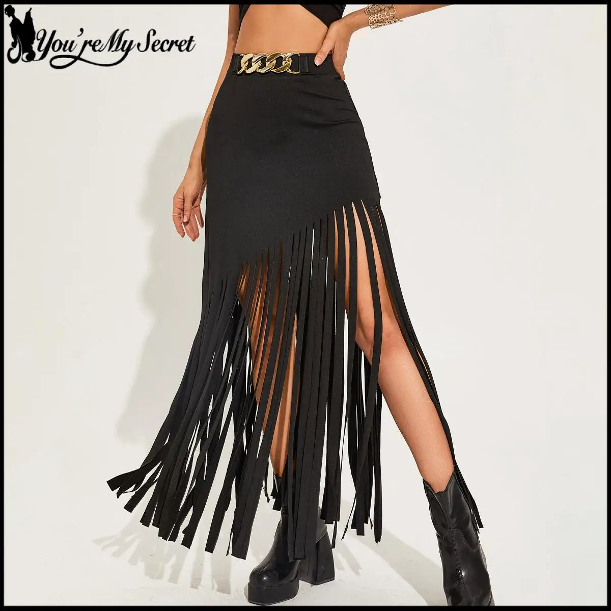 

[You're My Secret] Женская черная юбка с высокой талией в стиле панк, готическая однотонная длинная юбка с бахромой, уличная одежда, готический наряд для вечеринок