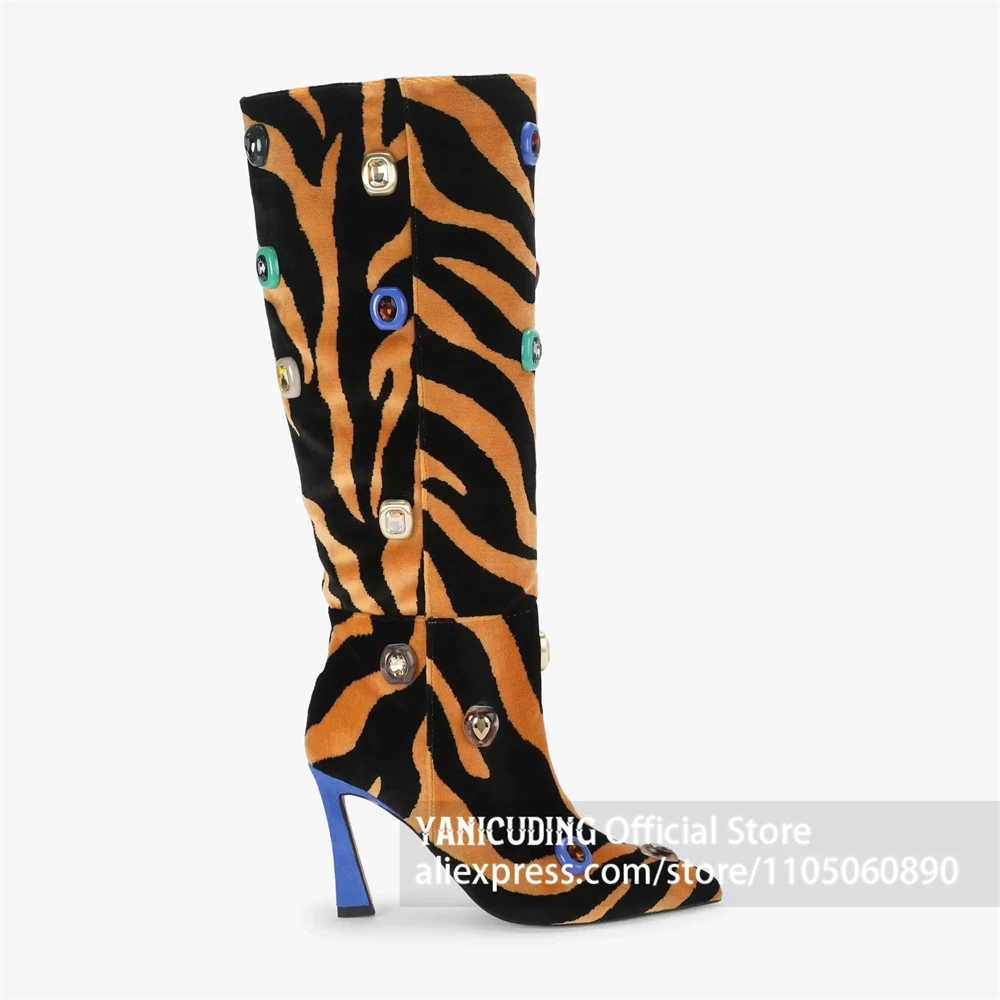 Tiger Stripe Velvet Gem Embellished Knee Boots Multicolor Rhinestone Animal Print Pointed Toe Fashion Boots Gem High Heel Boots