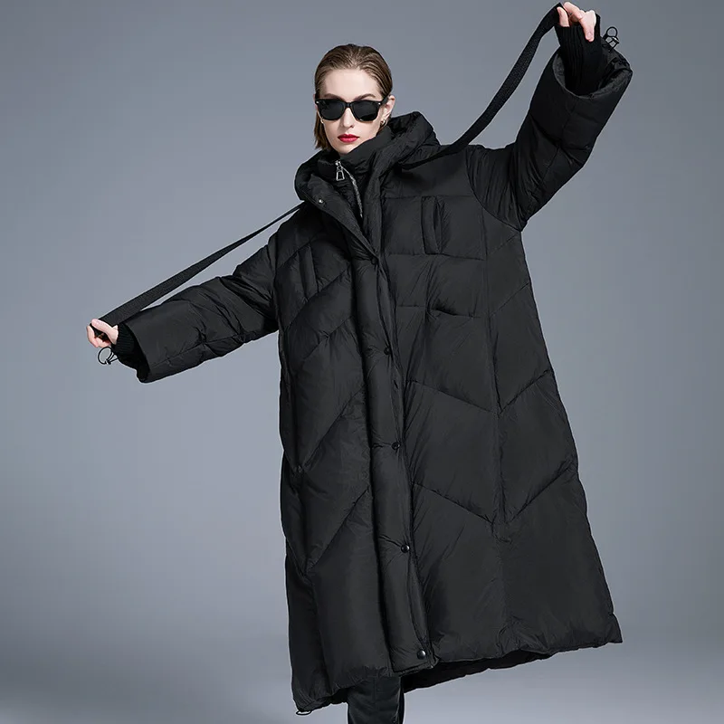 Luxury High Quality Oversized 90% Down Trench Coat Winter Warm Hooded White Duck Down Coat Thick Down Long Puffer Jacket Trendy