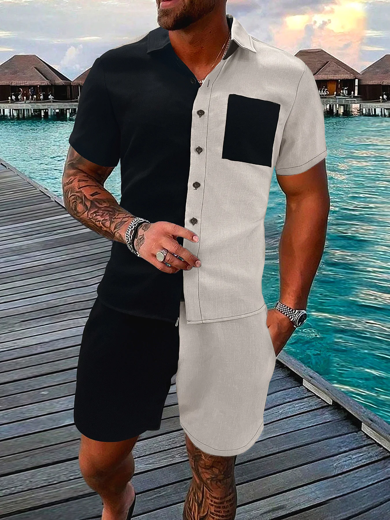 

Men's 2 Piece Black & Grey Color Block Set, Lapel Short Sleeve Shirt & Drawstring Shorts Summer Smart Casual Outfit