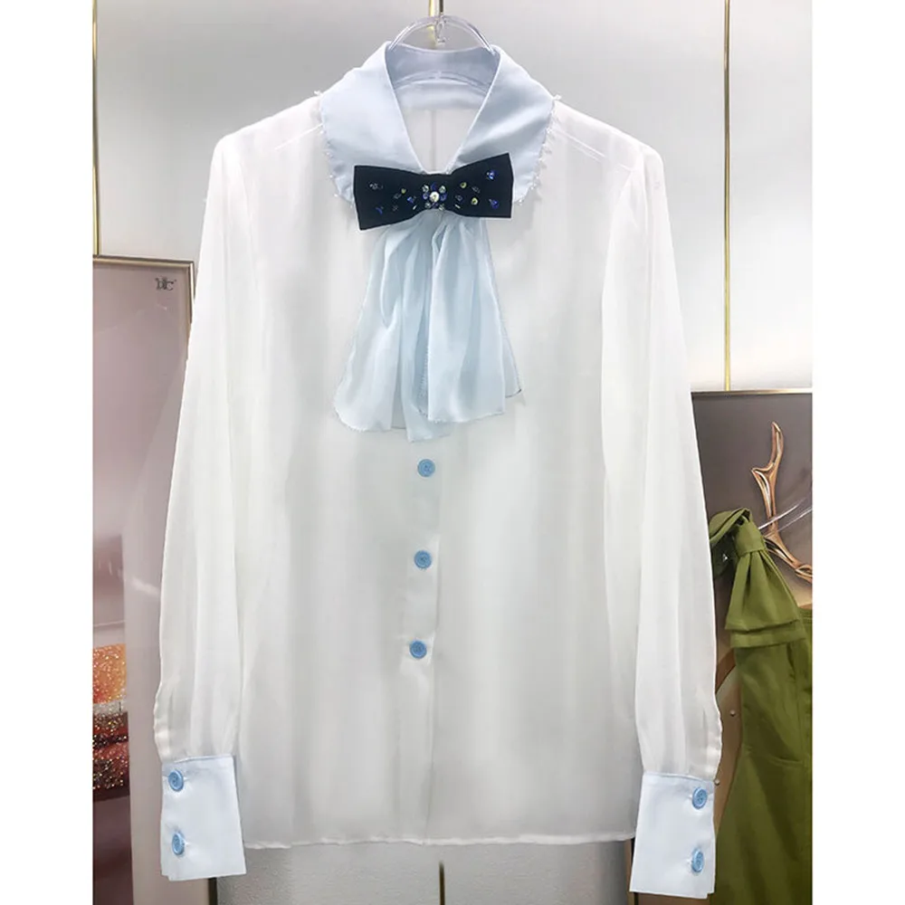 2022 Autumn France Style Women's High Quality Designer Bowtie Chiffon Shirts Top C669