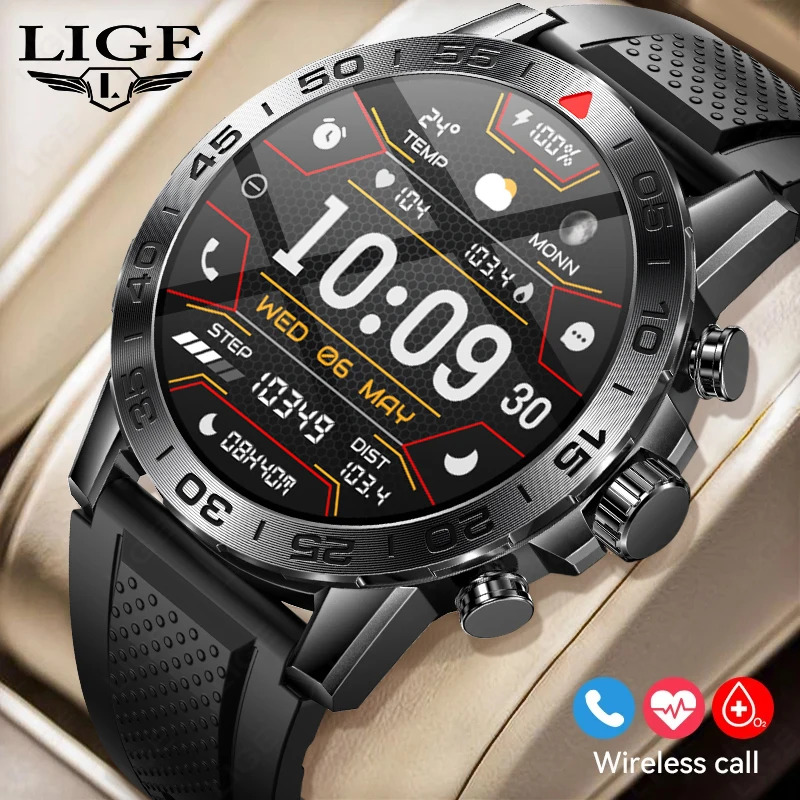 LIGE Outdoor Sports Smart Watch Men 300mAh Bluetooth Wireless Calling Health Monitoring Watches 100+dials Waterproof Smartwatch