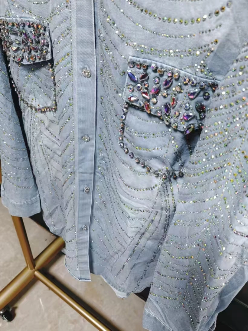 

Real Photo Sparkle Rhinestone Hot Drilling Denim Shirts For Women's Fashion Blouses 2025 Trend Long Sleeve Outwear Denim Top