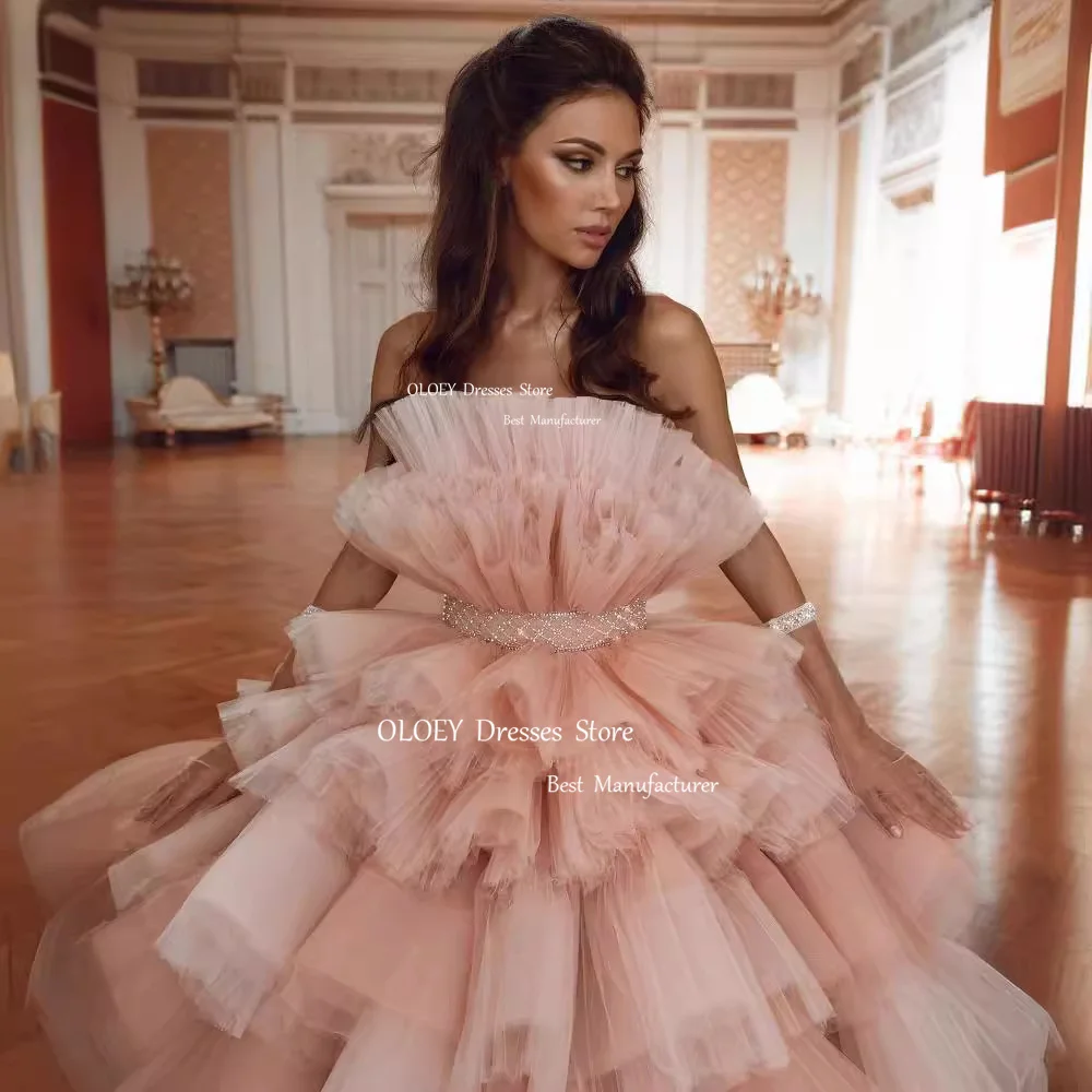 OLOEY Exquisite Strapless Pink Prom Dress Tiered Silky Organza Wedding Party Dress Crystal Sashes Custom Made Performance Dress