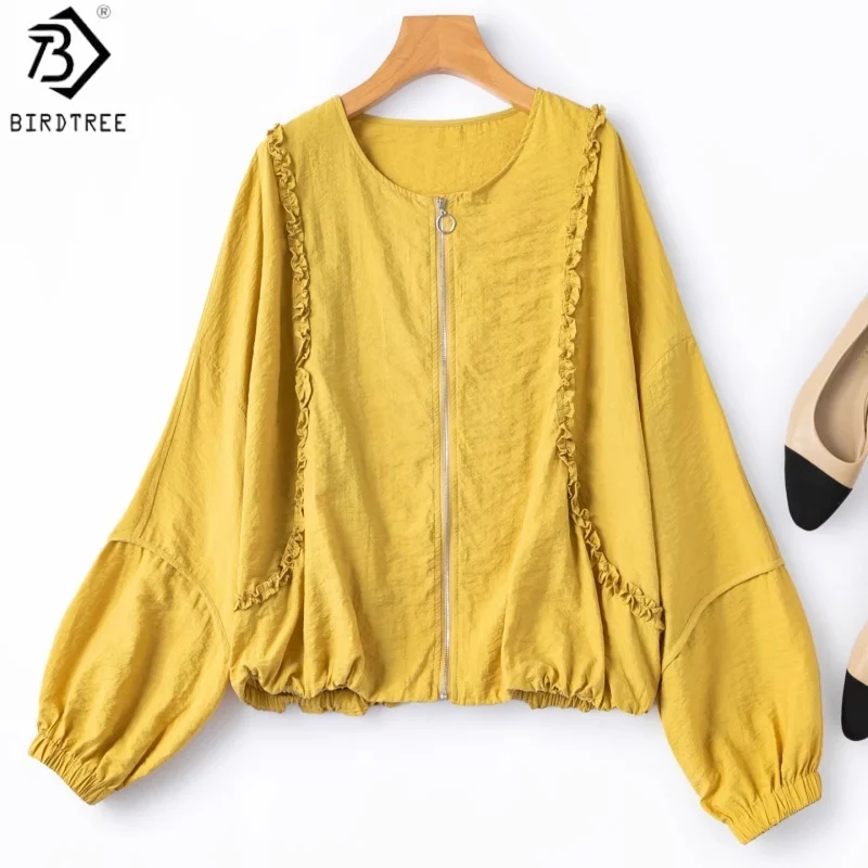 

Женская куртка Birdtree из 76% натурального шелка и 24% нейлона, однотонная, с круглым вырезом, на молнии, с рюшами, весна 2026, новинка T64314JF