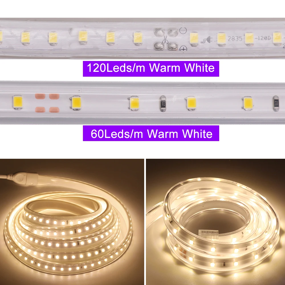 AC 220V LED Strip Light 2835 With EU Power Plug 120LEDs/M Super Bright Flexible Waterproof Indoor Home Decoration 1M 5M 10M 15M