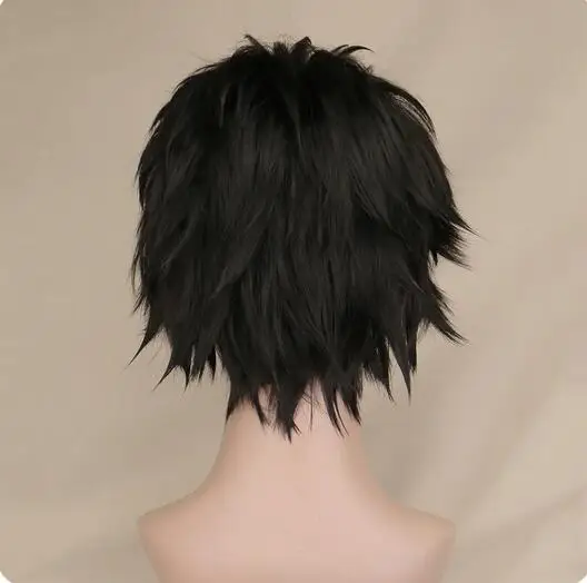 Wig Cosplay pendek Pria, rambut palsu sintetik serat suhu 100% tinggi hitam