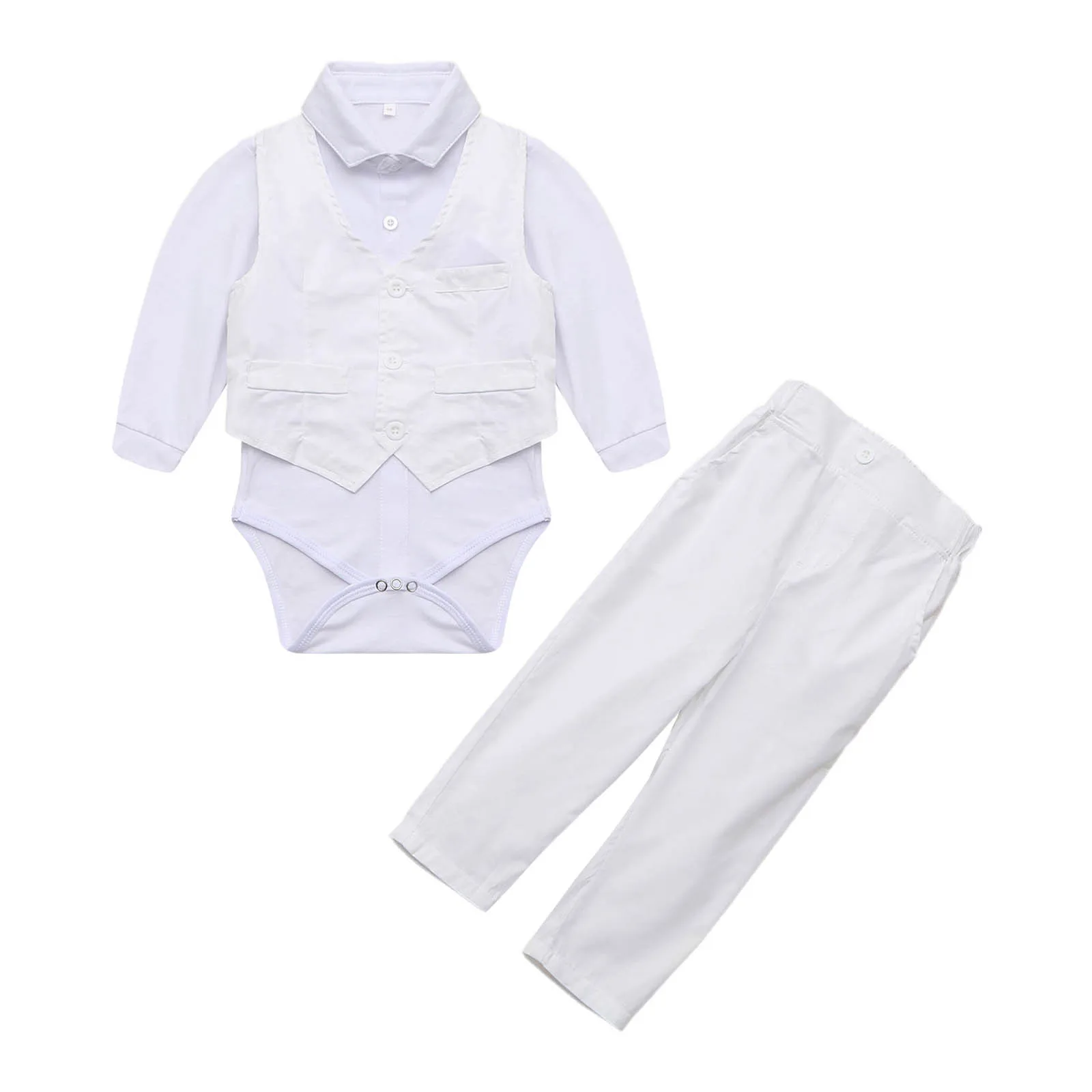 Baby Boys Birthday Party Gentleman Suit Long Sleeve Romper with Waistcoat Pants Bow Tie Set for Christening Wedding Evening Prom