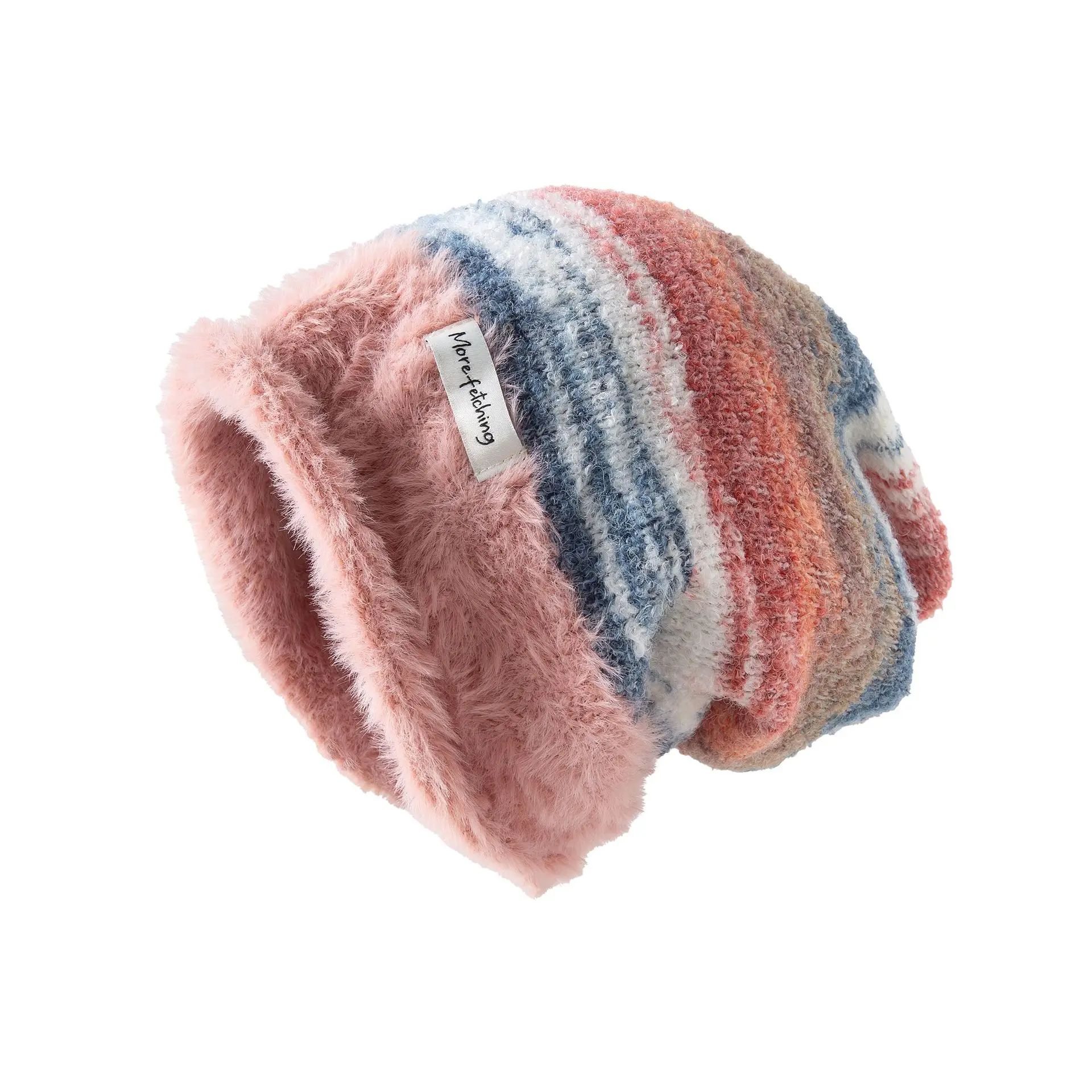 Rainbow Color Block Slouchy Beanie Women Thermal Knitted Winter Hat with Ear Flaps Fashion Outdoor Snow Sports Stretch Fit