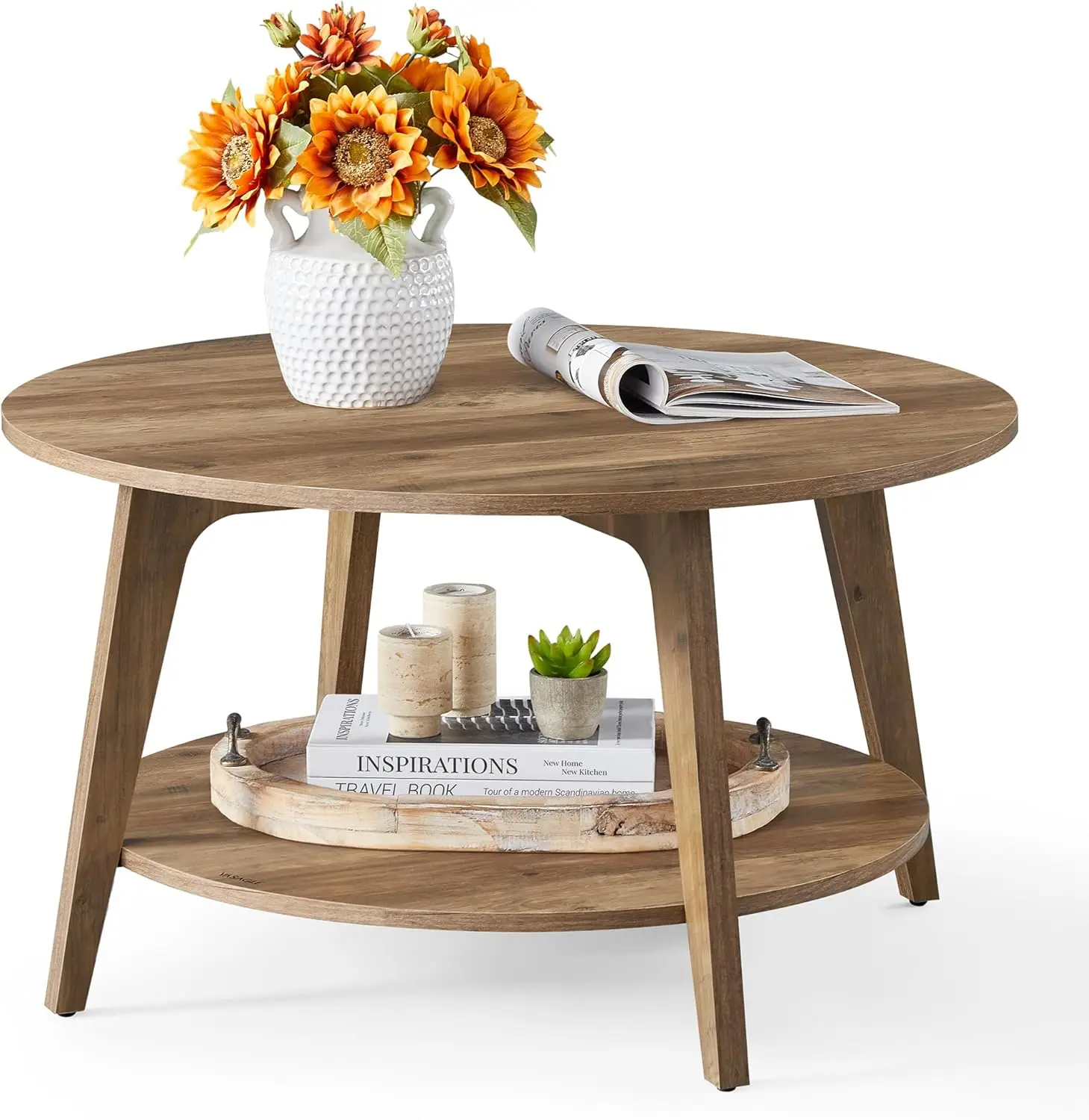 Collection - Round Coffee Table, 2-Tier Center Table with Storage, Tapered Legs, Curved Transitions, 31.5 Dia. x 17.7 H Inches, Easy Assembly, for Living Room, Honey Brown ULCT243K41