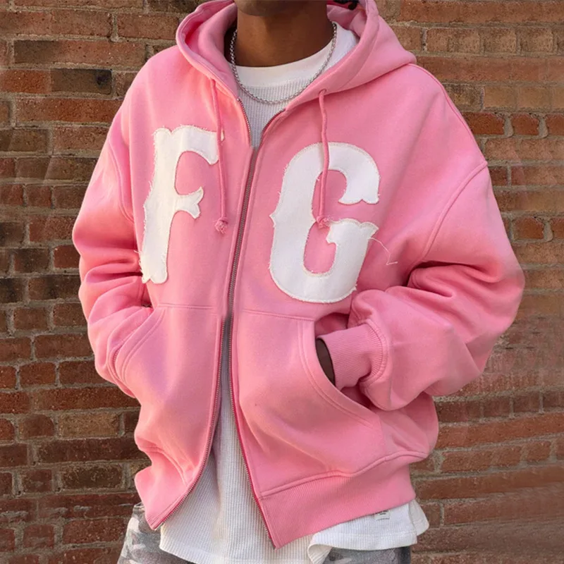 2026 Lazy Style FG Letter Hooded Zip Up Sweatshirt Loose Couple Coat Soft Warm Material Suitable Daily Casual Street Outfit top