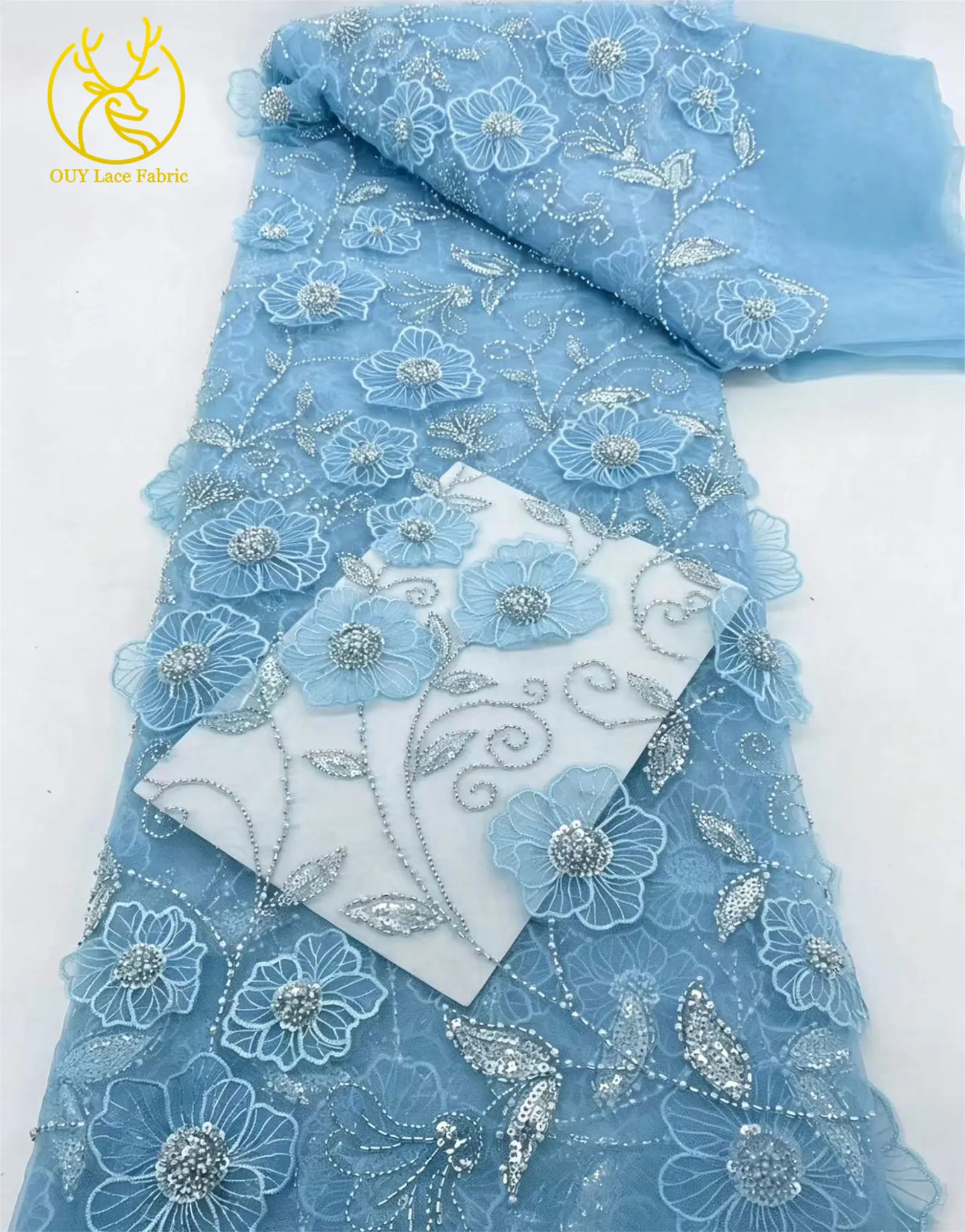 Eleganter nigerianischer 3D-Blumen-Stickerei-Spitzenstoff 2026 Hochwertiger afrikanischer Perlen-Pailletten-Spitzenstoff für Abendkleider – Detail 18