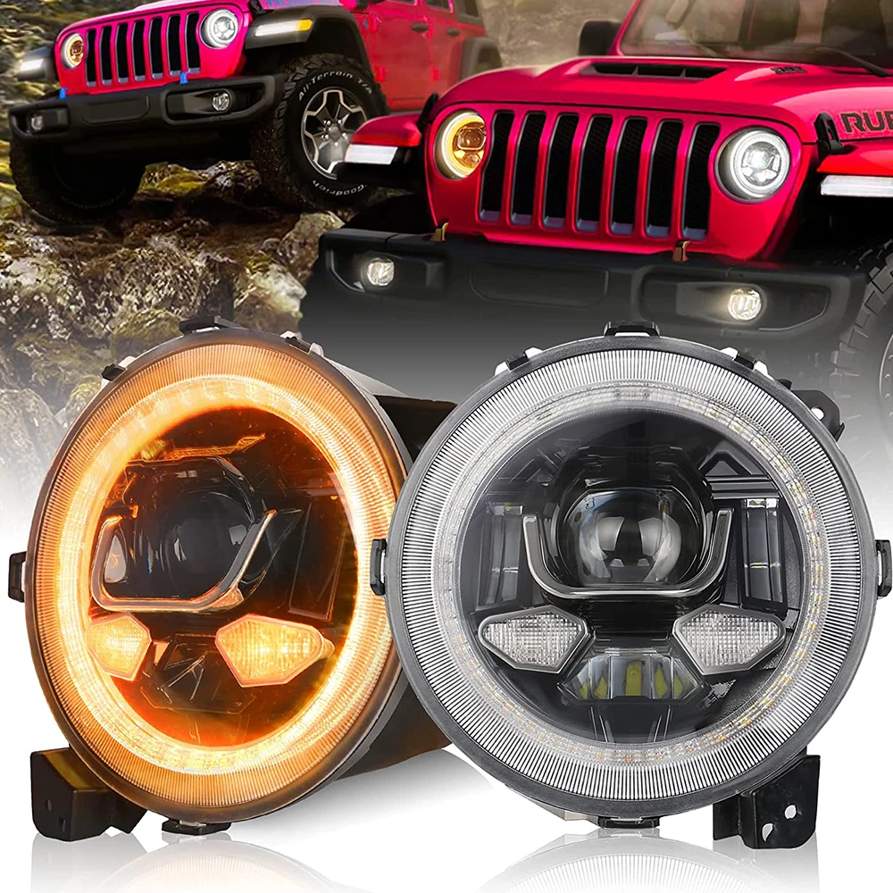 

9 Inch LED Headlights with Halo White DRL Amber Turn Signal 1 Pair 9Inch Headlamp for 2018 2019 2020 2021 Jeep JL