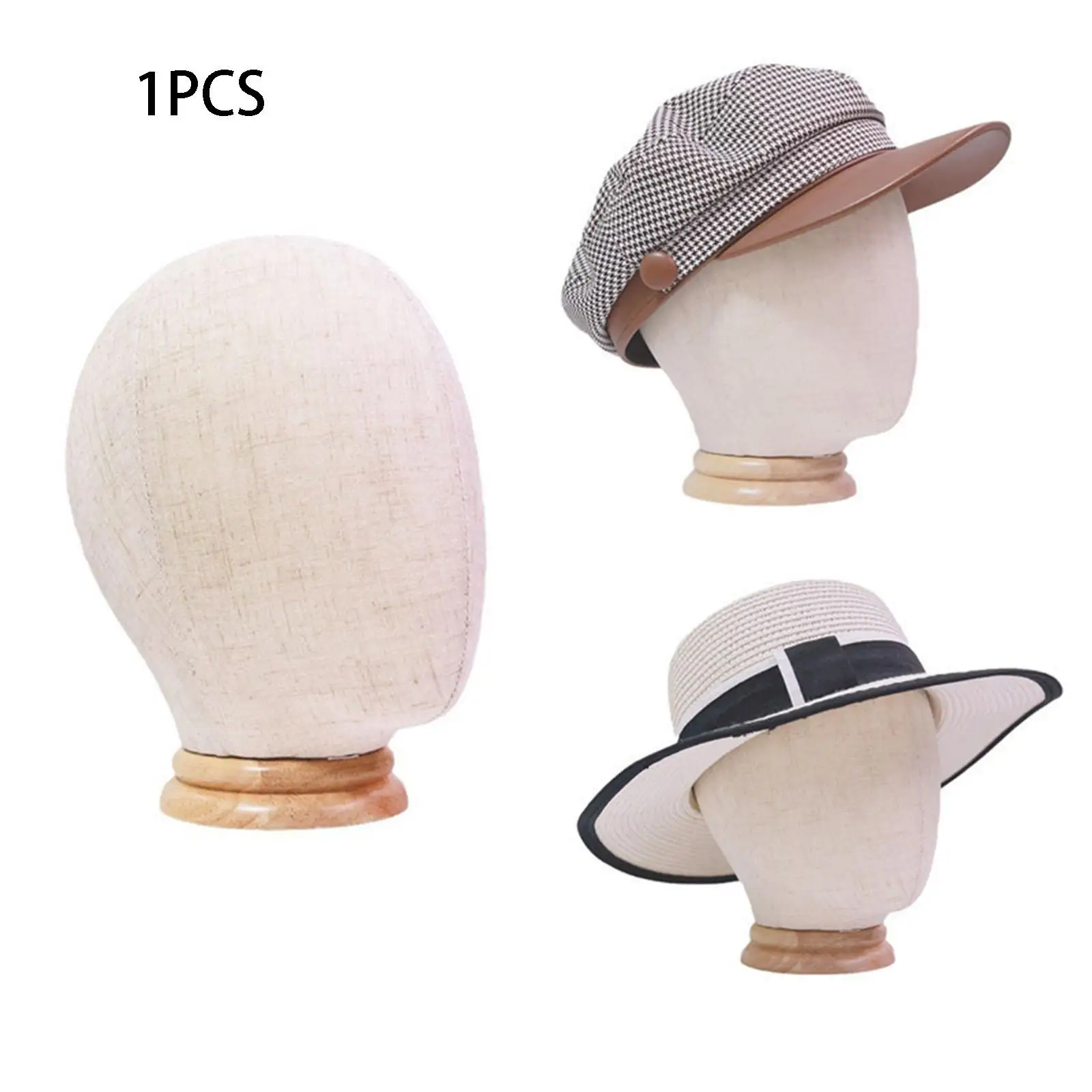 Tabletop Manikin Head Hat Holder Wood Cloth Material for Salon Wig Display Styling Drying and Home Storage