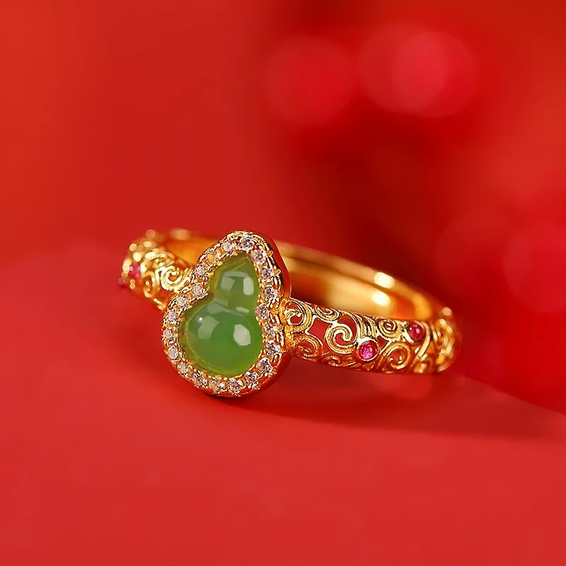 

TIMESWIND Bless S925 Серебро Hetian Jade Зеленая тыква Ruyi Полое женское открытое кольцо с сертификатом