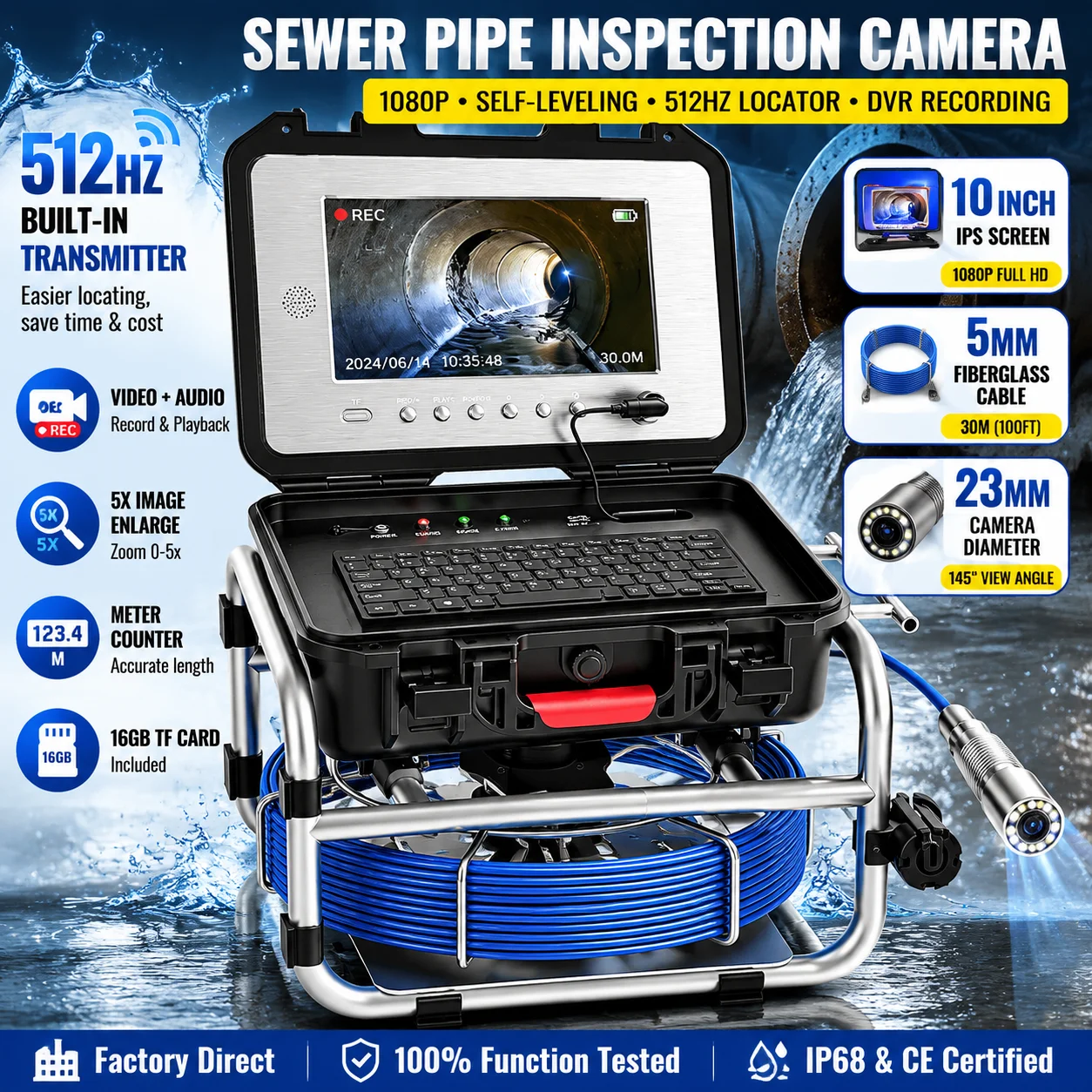 

Screen Pipe Inspection Camera 10 Inch IPS 1080P Sewer Pipe Camera Self-Leveling 512HZ Locator Meter Counter Enlarge Borescope