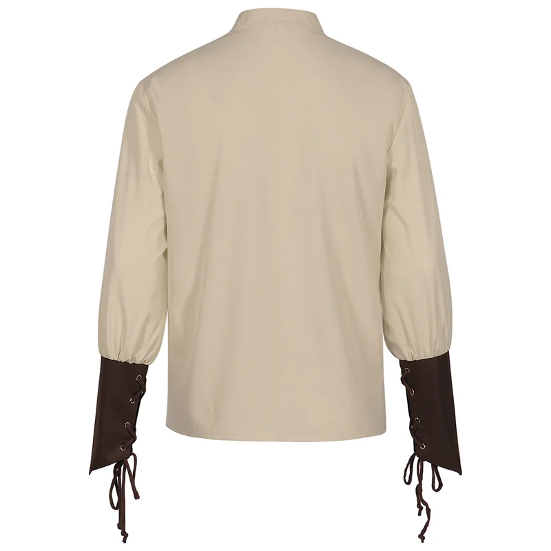 Men's Medieval Pirate Shirt Renaissance Lace Up Blouse Vintage Steampunk Gothic Cosplay Costume Halloween Party Stand Collar Top