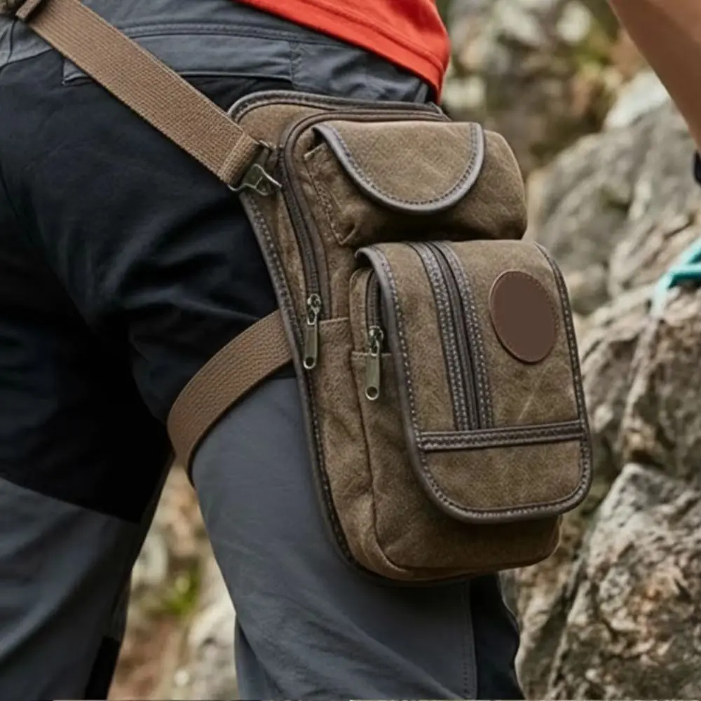 Men Canvas Drop Leg Bag Multi-Pocket Nylon Thigh Pouch Vintage Adjustable Straps Fanny Pack Cycling