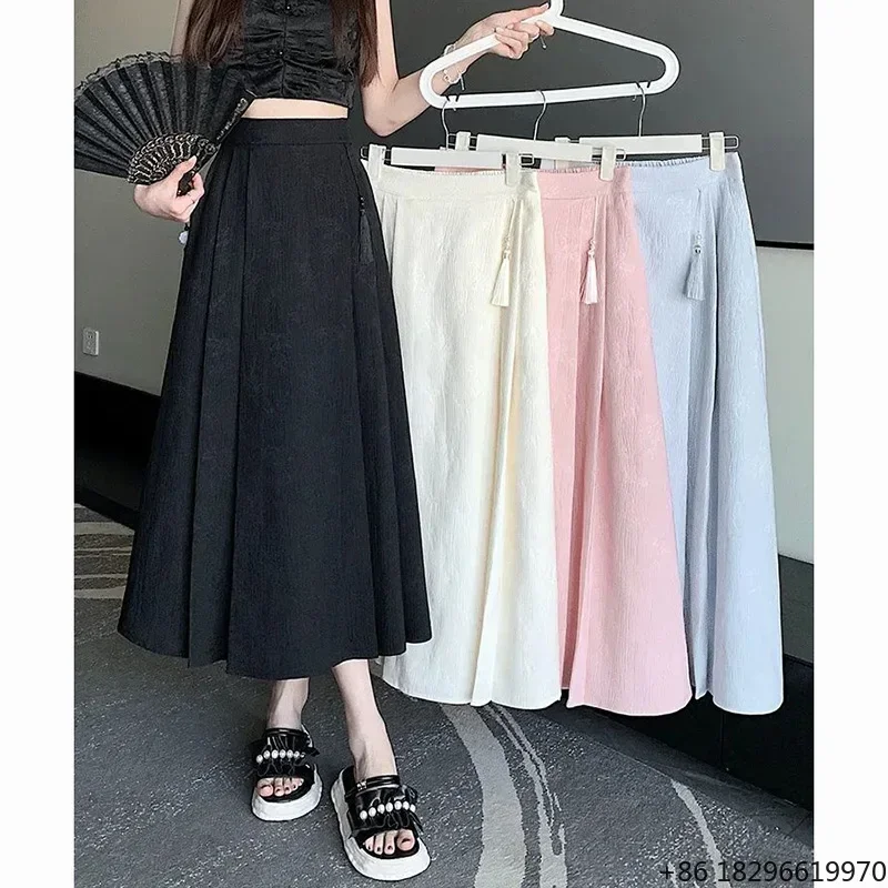 Summer Girls Solid Elastic High Waisted Long Skirts Lady Elegant Comfortable Pleated Dress