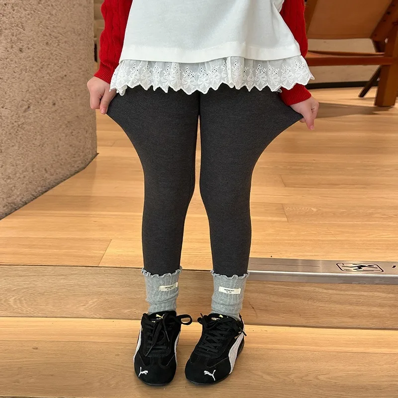 Girls Korean Elastic Leggings Soft Wool Lining High Stretch Skin Friendly Kids Casual Pants Spring Autumn