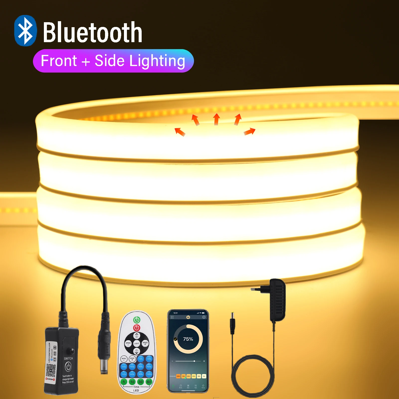 

Bluetooth Dimmable COB LED Strip Light DC 12V 24V Waterproof Neon LED Tape 320LEDs/m for Room Linear Lighting With Power Supply