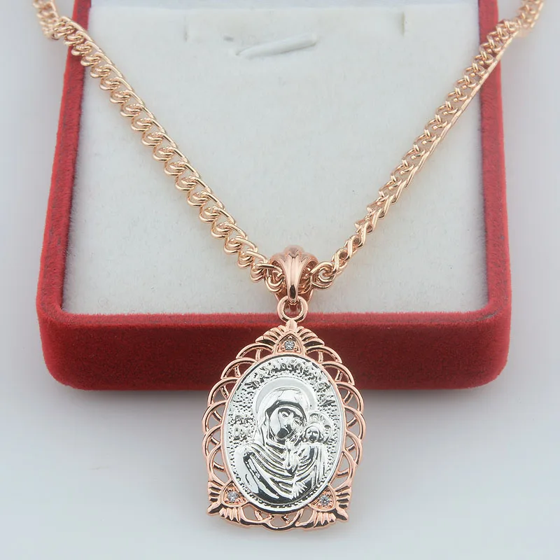 FJ Women Mens 585 Rose Gold Color New Mother Son Picture Lovely Pendant Link Chains