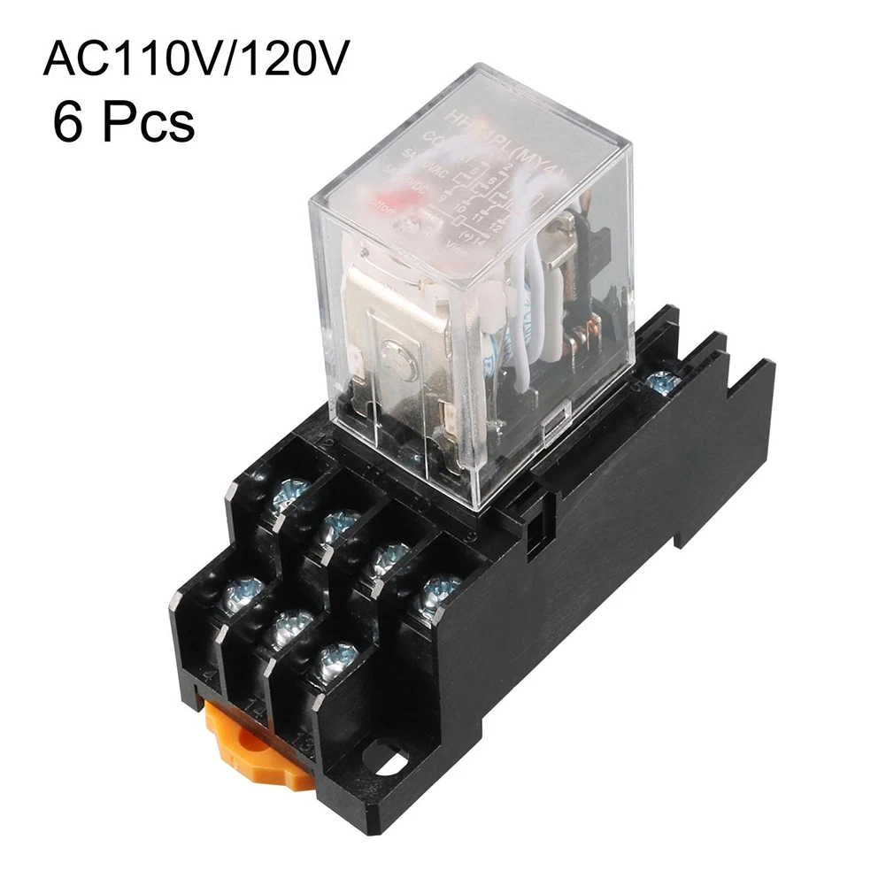 2026 6pcs 4PDT AC 110V/120V DIN Rail Mount Electromagnetic Relays With Socket For Power & Control Applications