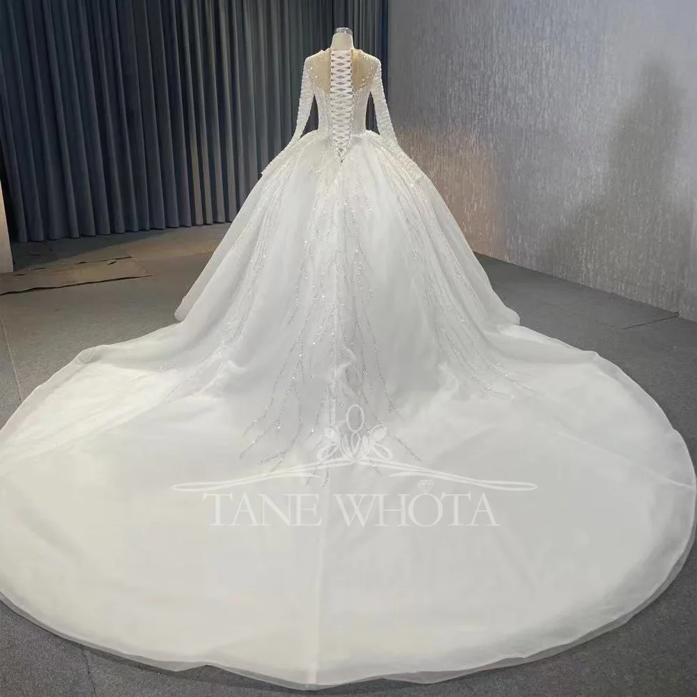 Vestidos Boda cuello redondo manga larga con cordones en la espalda vestido de baile con lentejuelas vestido de Novia personalizado de lujo