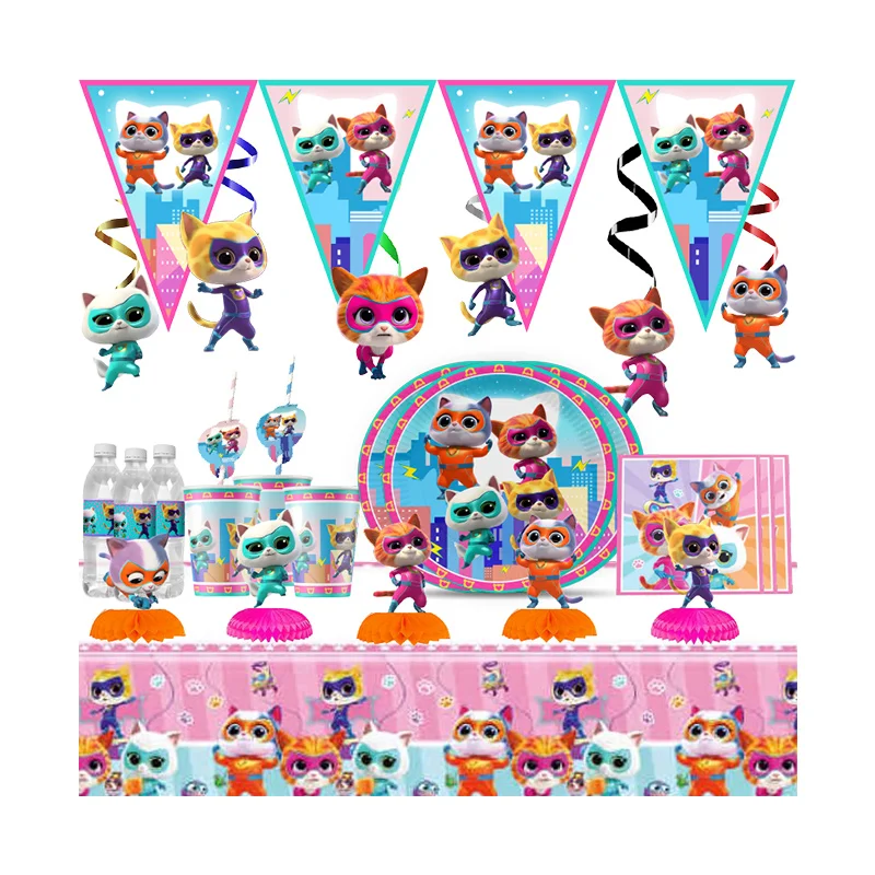 Superkitties Cartoon Theme Cute Birthday Party Decoration  Balloon Plate  Banner Backdrop Cake Supplies Banner For Baby Shower