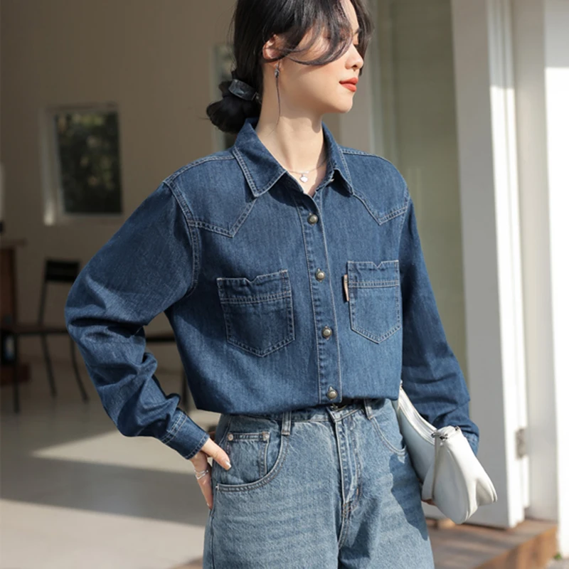 Gidyq-Chemises en denim à manches longues pour femmes, streetwear, mode coréenne, chemisier femme adt, printemps décontracté, tout match, bouton en métal