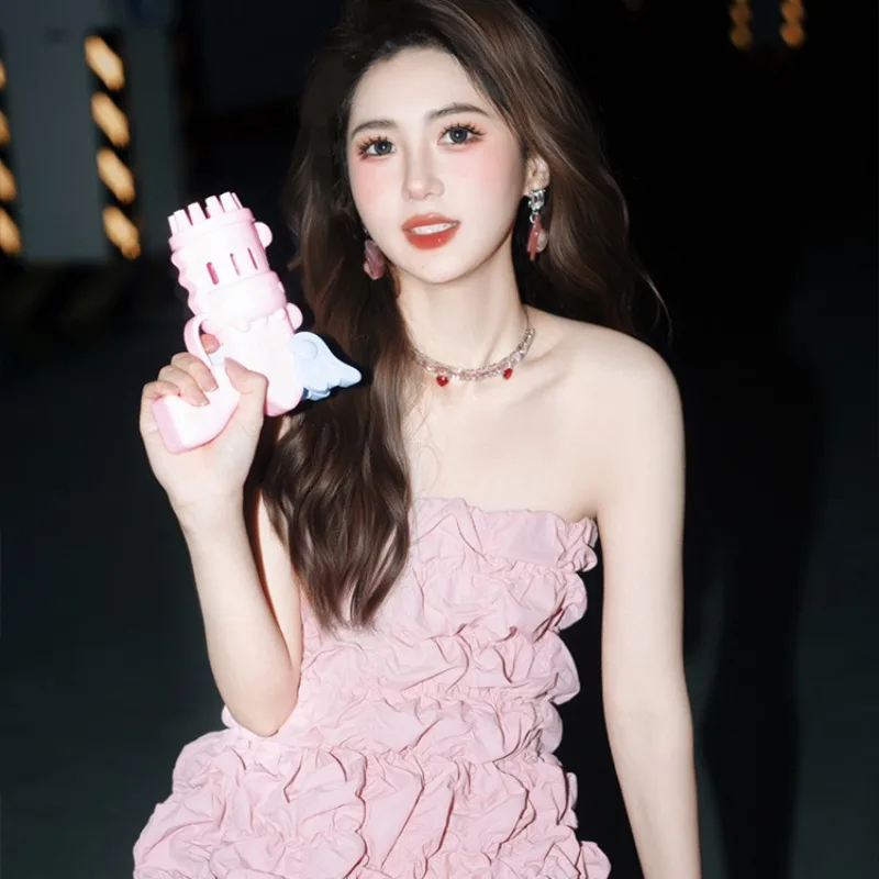 Sexy Fashion Autumn Pink Strapless Prom Party Bubble Midi Dress For Women Sleeveless Off Shoulder Blackless Cake Evening Clothes