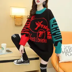 Fashion O-Neck Knitted Spliced Loose Casual Sweaters Female Clothing 2023 Winter New Oversized Korean Pullovers All-match Tops