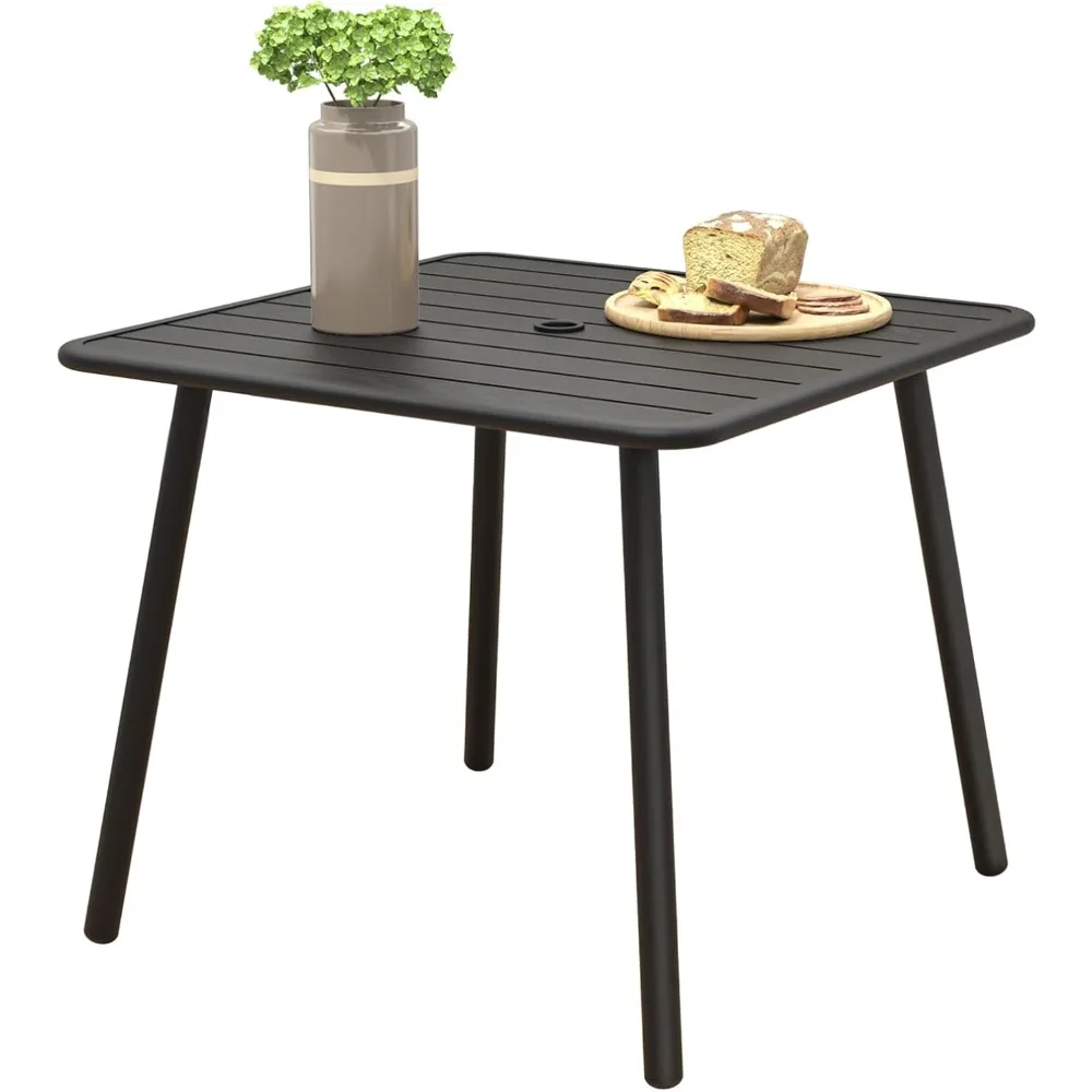 

Metal Outdoor Dining Table with Umbrella Hole for Outside Patio, Black