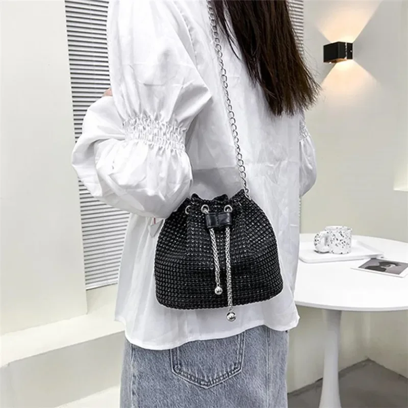 Sparkling Rhinestone Embellished Drawstring Crossbody Bag for Women Multi-Functional Bucket Purse with Detachable Chain Strap image 6