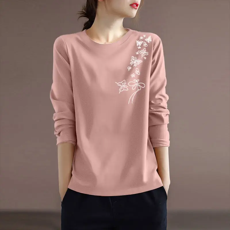 Spring and Autumn Women\'s Pullover Round Neck Plant&Flowers Printed Butterfly Contrast Long Sleeve T-shirt Underlay Elegant Tops