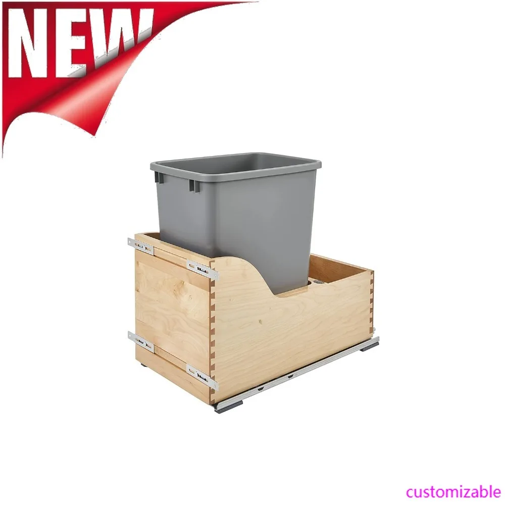 

THE NEW-Rev-A-Shelf Pullout Trash Can For Kitchen Cabinet, Single 35 Qt Bin With 12" Wood Frame - Large Garbage Bin Container Fo