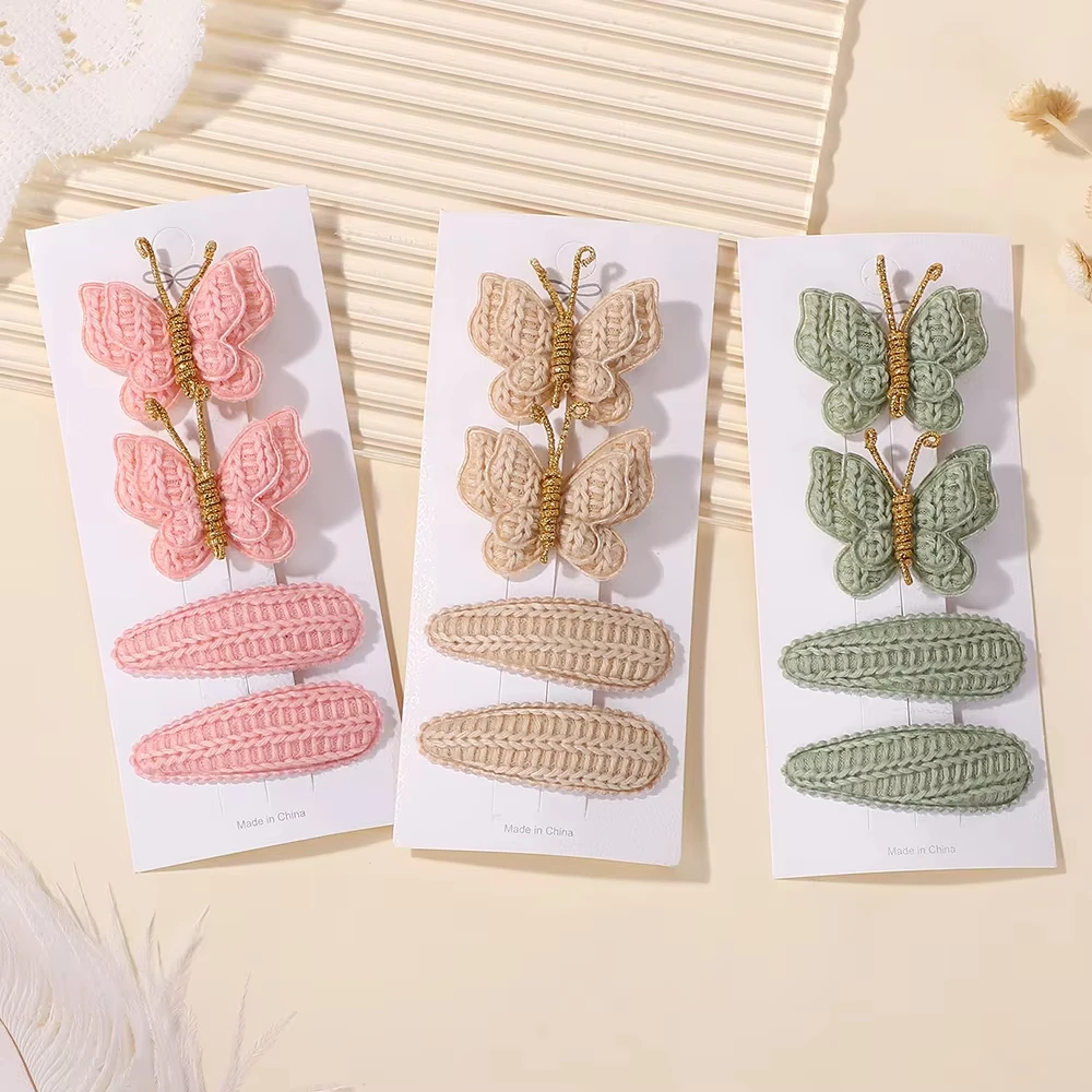 New 4Pcs Lovely Girls Wool Knitting Butterfly Hair Clips Crochet Butterfly Alloy Hairs Clips Children BB Hairpins Set Headwear