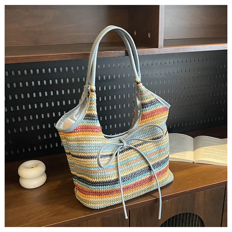

2025 Woven Straw Tote Bag Beach Bucket Shoulder Purse Braided Bow Underarm Bag Colorblock Work Vacation Handbag