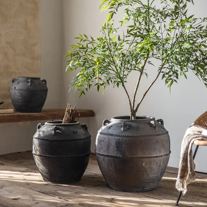 Wabi Sansan antique big-bellied vase with ear clay clay pot floor-to-ceiling vase coarse pottery flower ware homestay decoration
