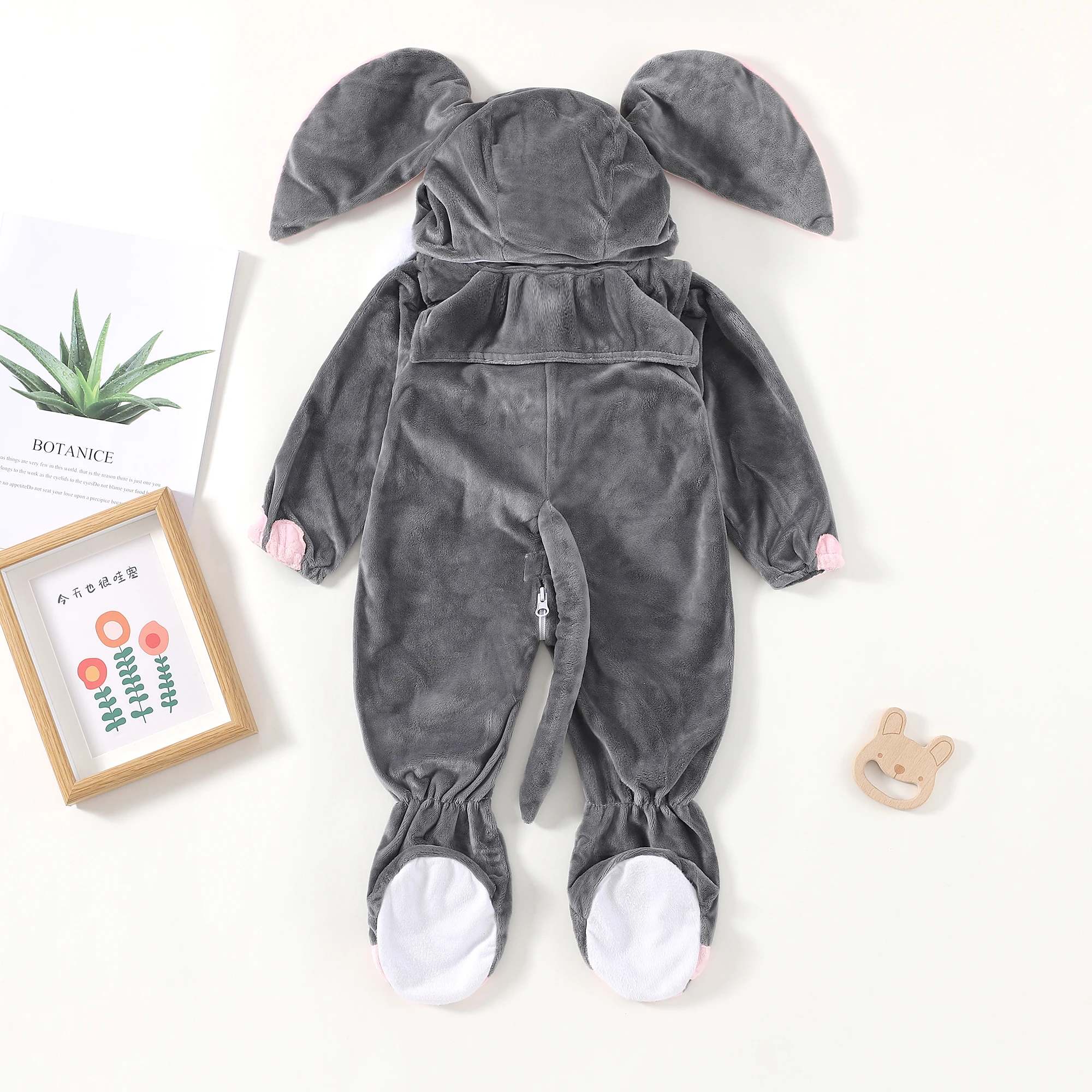 0-24M Infant Baby Elephant Costume Boys Girls Gray Romper Jumpsuit With Shoes Pink Lined Ear Hood 2pcs/set Umorden