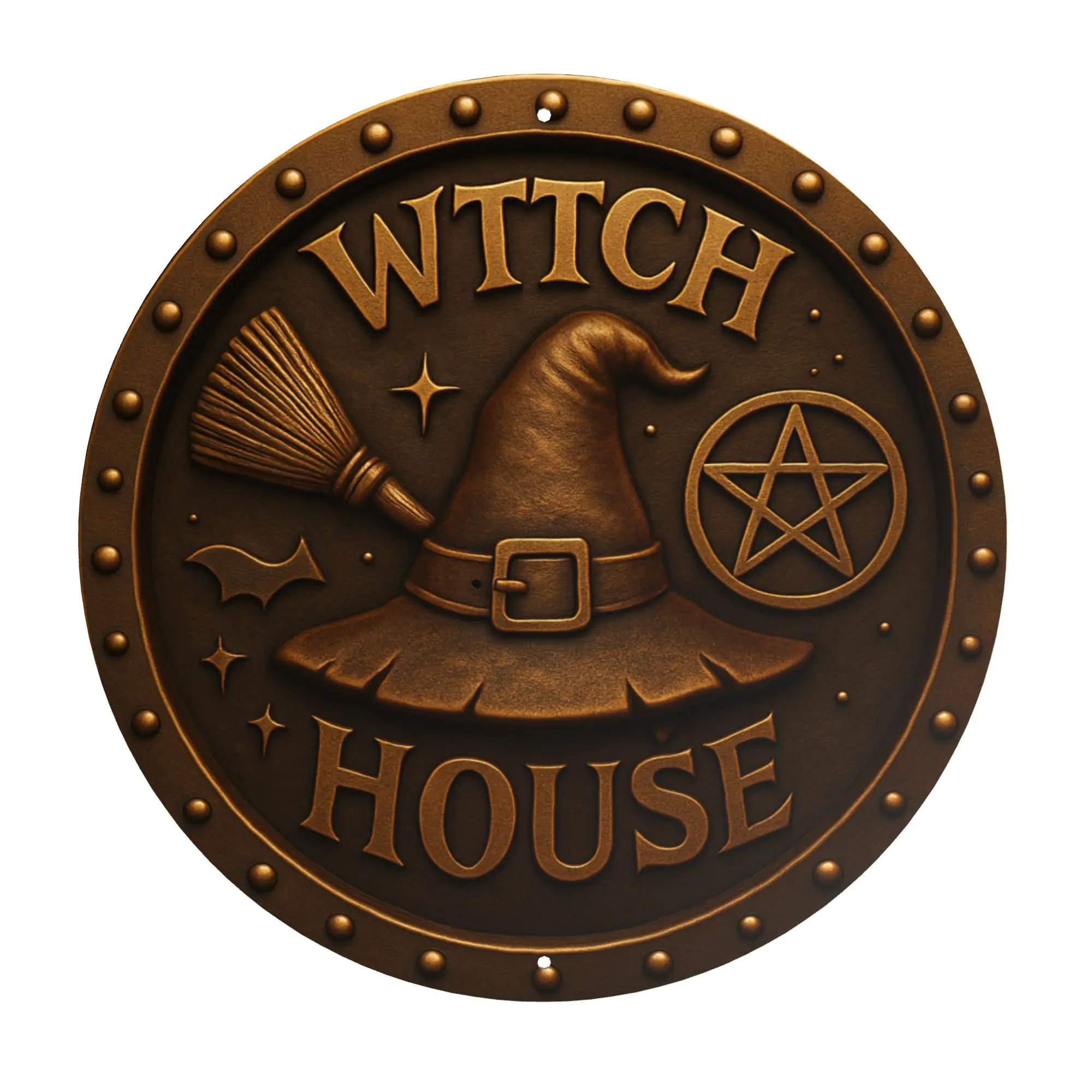 

1pc 2D Vintage Witch House Metal Sign Circular Iron Wall Decor with Star Witch Hat Broom Design Halloween Decor for Home Garage