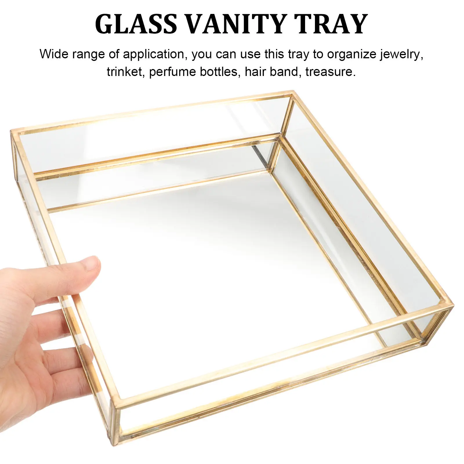 

Gold Tone Brass Rimmed Glass Tray Decorative Vanity Tray for Perfume Bottles Makeup Organizer Dresser Decor Bedroom Bathroom
