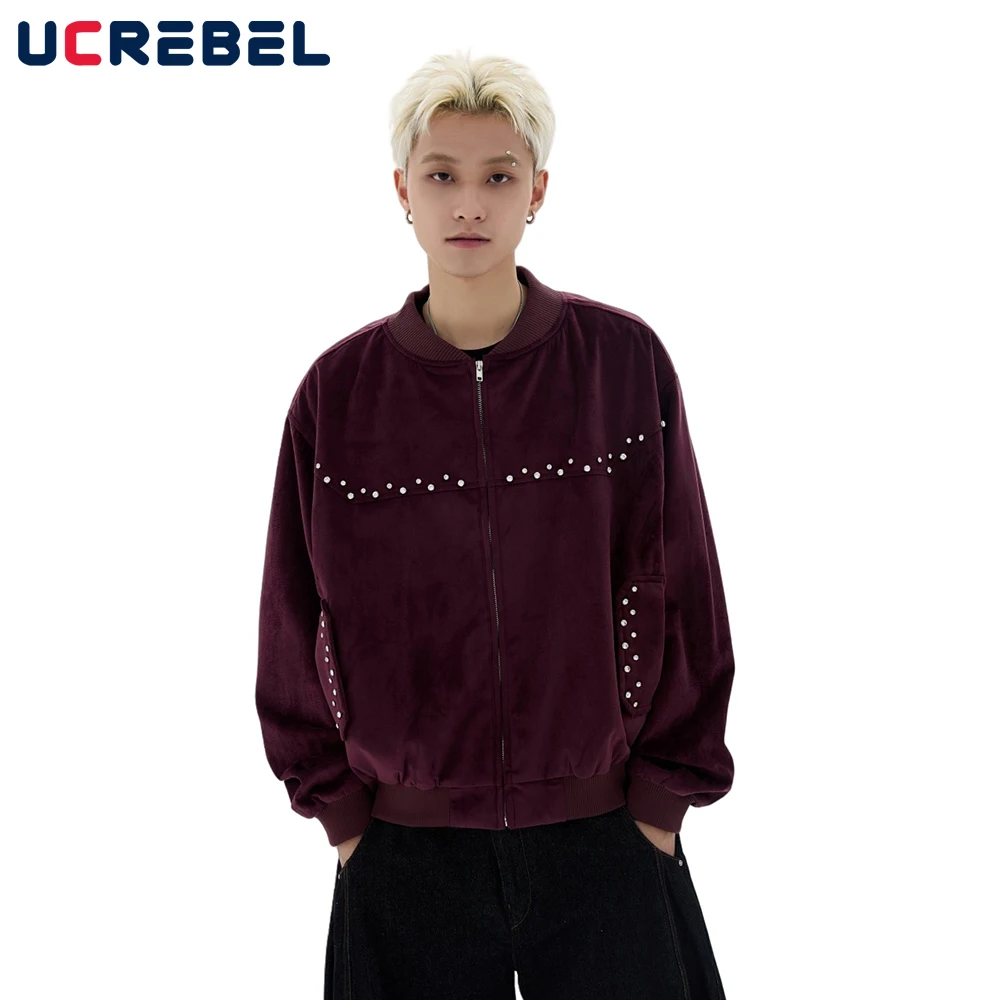 

Retro Beading Baseball Jacket Mens Spliced Autumn Winter High Street Stand Collar Long Sleeve Outerwear Man
