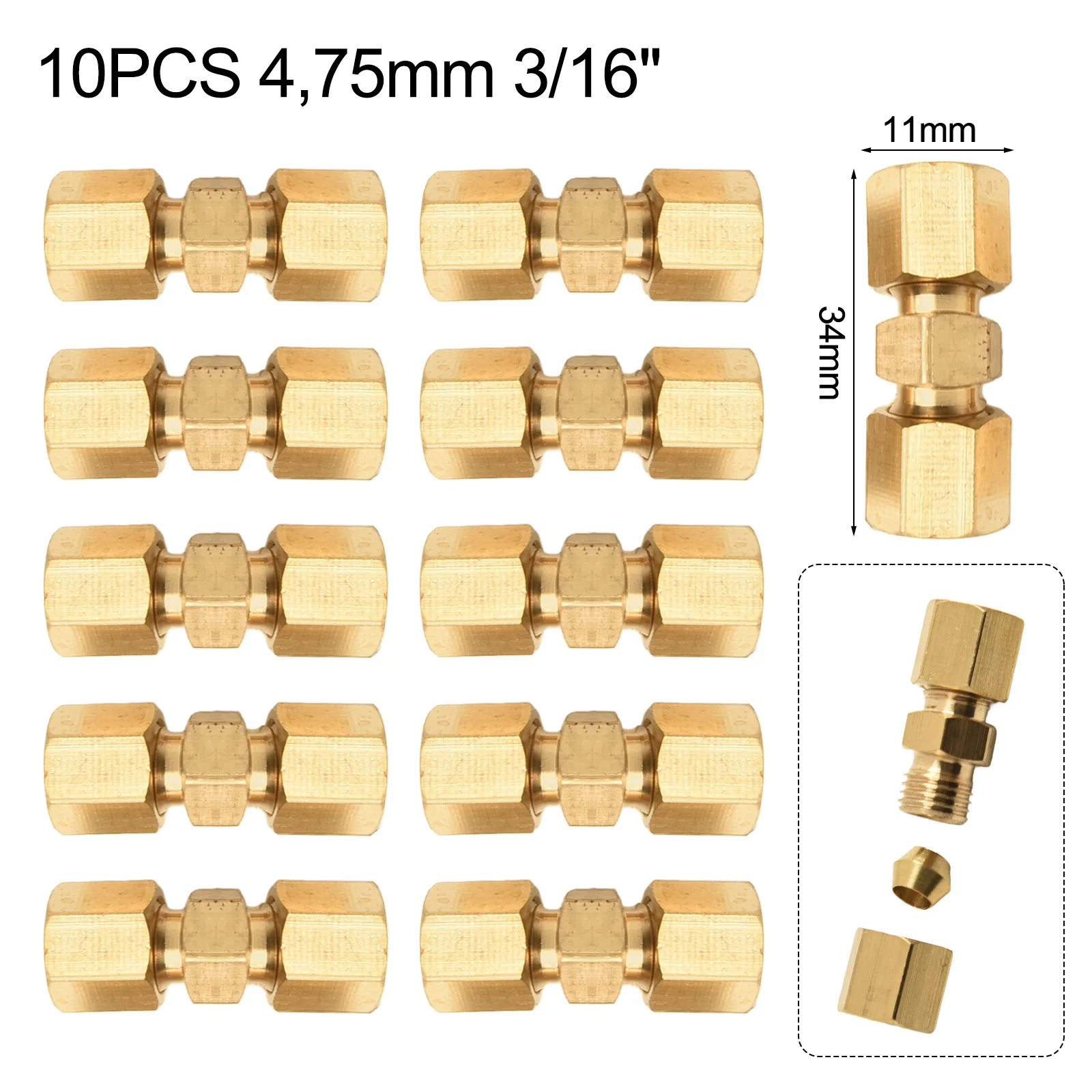 10Pcs Brake Line Connector Straight Brass Brake Line Compression Fitting Unions For OD Tubing 3/16