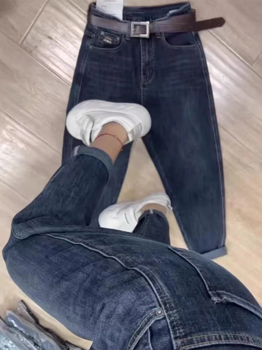 

High Waist Straight Leg Denim Jeans Women's Spring Autumn plus Size Elastic Slimming Harlan Nine Point Pants Pear ape Body