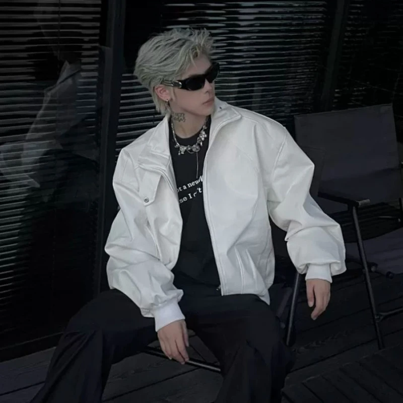 

Мужская короткая куртка из искусственной кожи в американском стиле, уличная байкерская куртка с подплечниками, осенняя мода, уникальный дизайн, облегающий крой